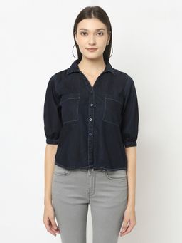 CRIMSOUNE CLUB - Women Navy Blue Denim Crop Shirt With Patch Pocket Detail