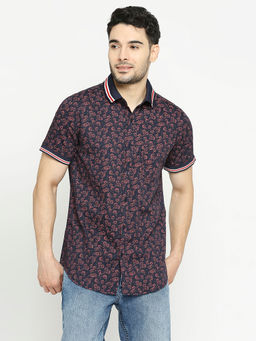 Solemio - Navy Blue Pure Cotton Floral Slim Fit Half Sleeves Casual Shirt