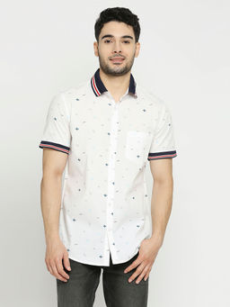 Solemio - White Pure Cotton Printed Slim Fit Half Sleeves Casual Shirt