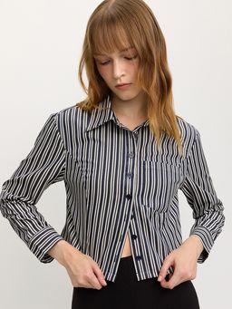 Pomelo - Long-Sleeve Striped Crop Shirt - Navy