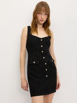 Pomelo - Buttoned Tweed Dress - Black