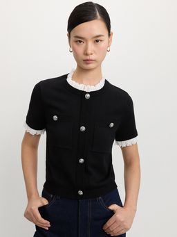 Pomelo - Lace Trim Buttoned Knit Top - Black