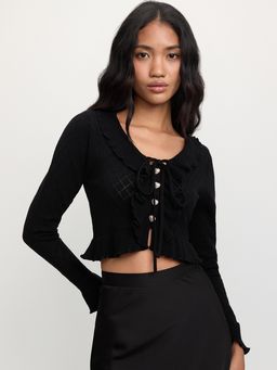 Pomelo - Ruffle Color-Contrast Trim Crop Cardigan - Black