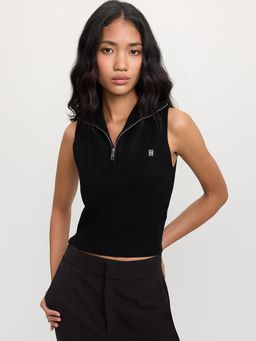Pomelo - Solid Zip-Up Knitted Vest - Black