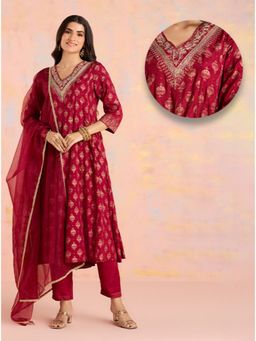 Likha - Maroon Diwa Dazzle Shantoon Gold Printed Kurta Pant & Dupatta LIKSKD307 (Set of 3)