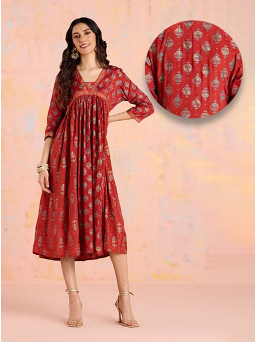 Likha Rust Diwa Dazzle Shantoon Gold Printed Ethnic Dress LIKDRS78