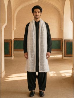 Zamour - White Pure Cotton Embroidered Dupatta
