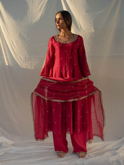 Apeksha Jain Label - Red Anarkali with Palazzo and Dupatta (Set of 3)