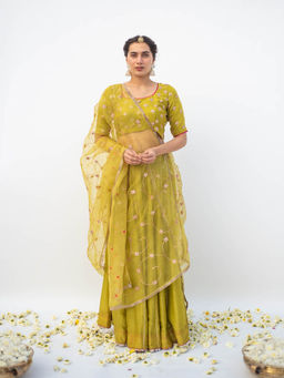 Apeksha Jain Label - Green Lehenga with Blouse and Dupatta (Set of 3)