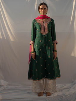 Apeksha Jain Label - Green Anarkali with Palazzo and Dupatta (Set of 3)