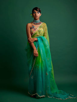Apeksha Jain Label - Green Ombre Embellished Saree with Stitched Blouse