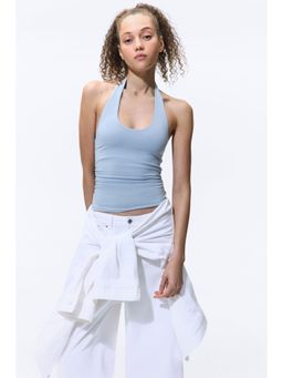 H&M - Women Blue Ruched Halter Neck Top