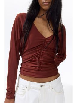 H&M - Women Brown Ruched Batwing-Sleeved Top