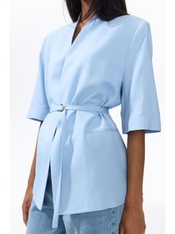 H&M - Women Blue Short-Sleeved Linen-Blend Blazer