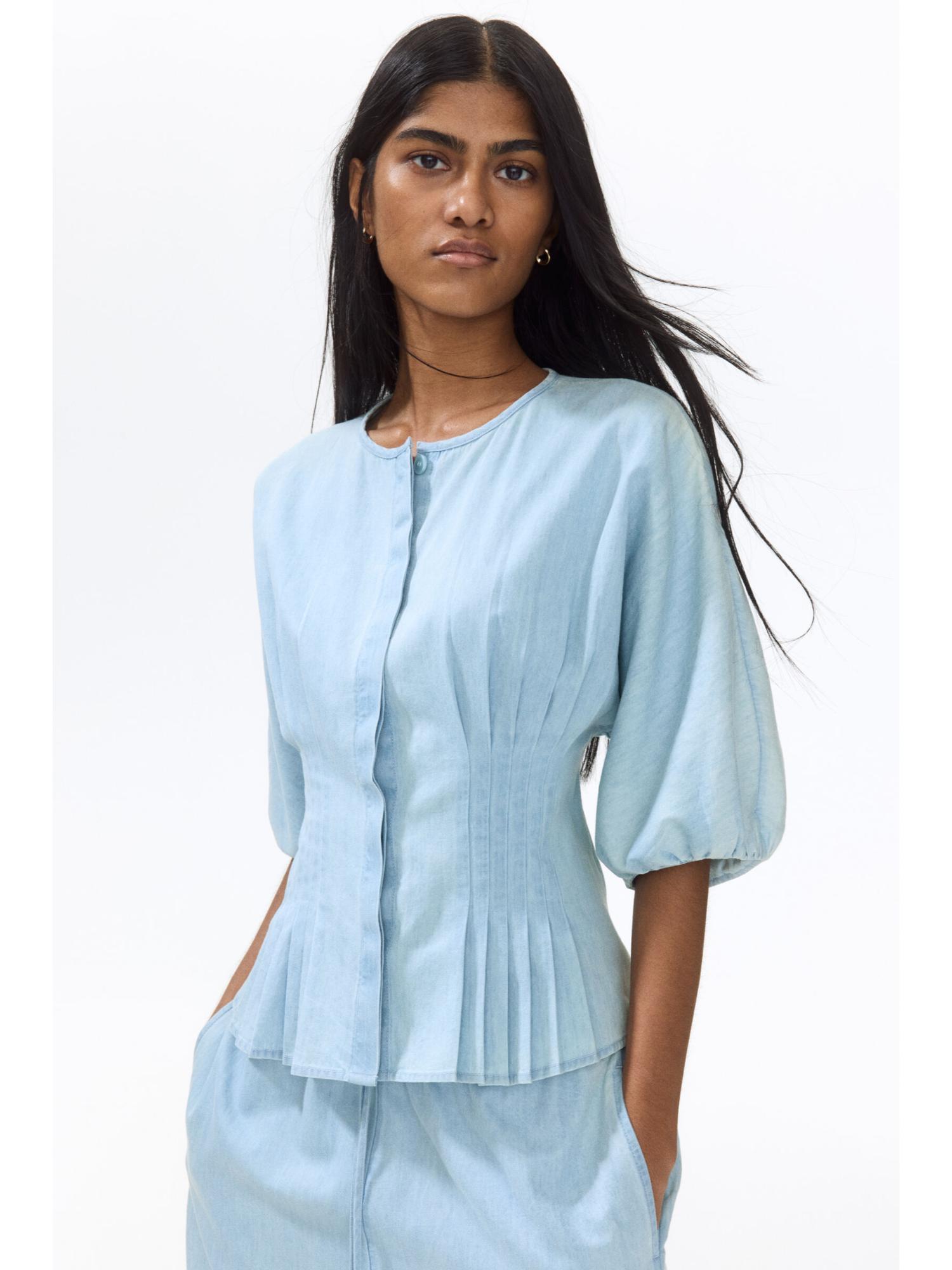 h&m Women Blue Waisted Denim Blouse-picture-12