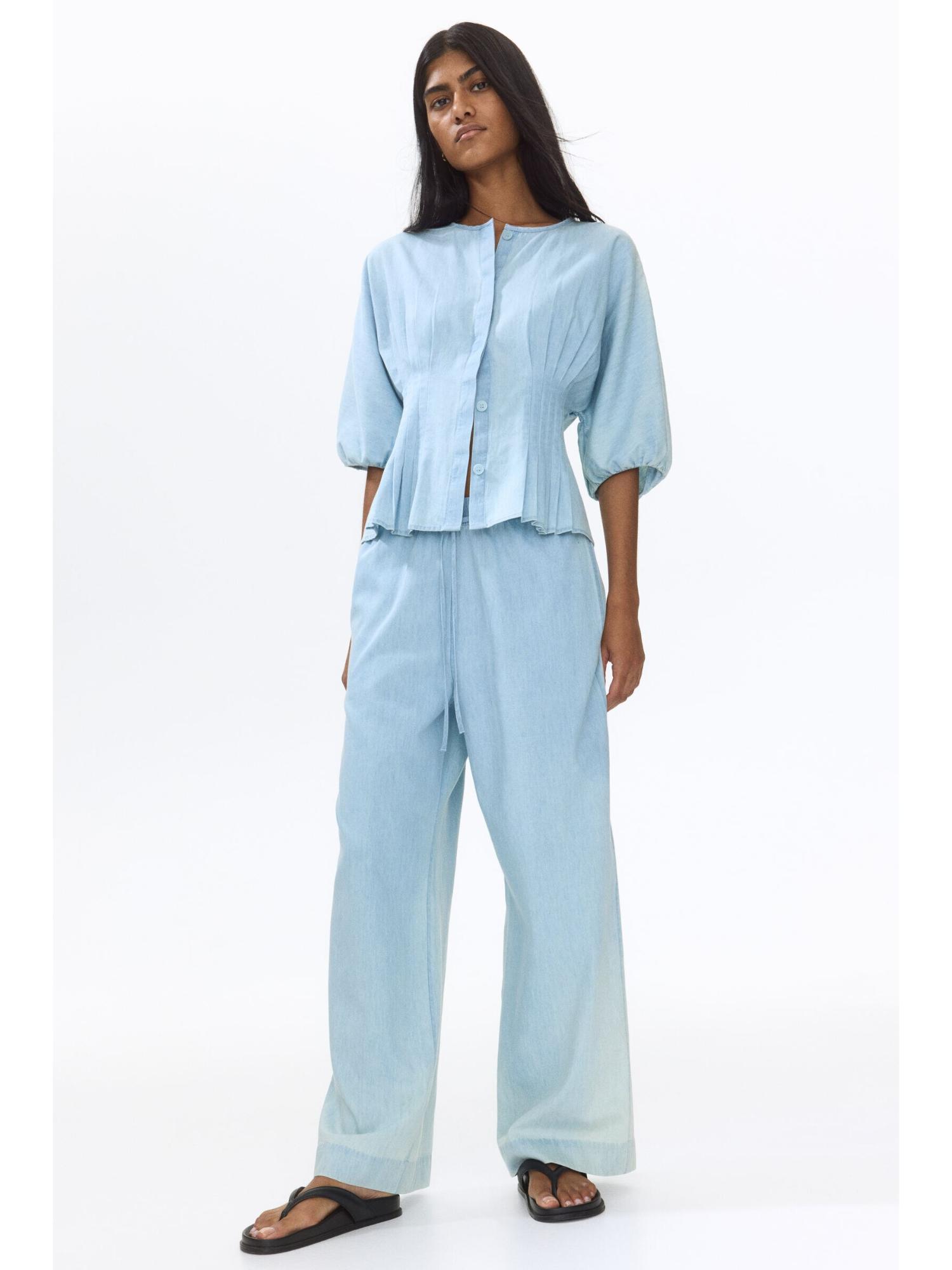 h&m Women Blue Denim Drawstring Trousers-picture-47