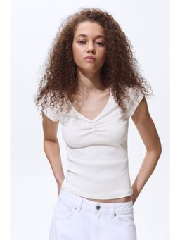 H&M - Women White Ribbed V-Neck Top