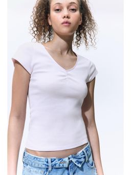 H&M - Women Pink Ribbed V-Neck Top