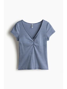 H&M - Women Blue Ribbed V-Neck Top