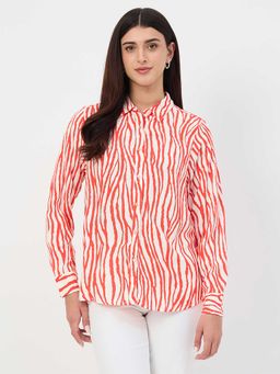 Madame - Red Rayon Full Sleeves Collar Neck Printed Shirt