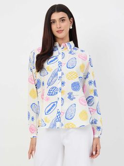 Madame - Off White Viscose Full Sleeves Collar Neck Printed Shirt
