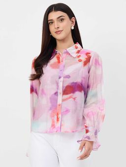 Madame - Multi-Color Nylon Full Sleeves Collar Neck Tie & Dye Shirt