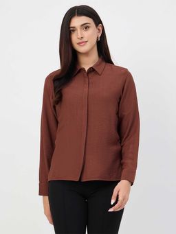 Madame - Brown Nylon Full Sleeves Collar Neck Solid/Plain Shirt
