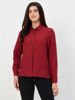 Madame - Maroon Nylon Full Sleeves Collar Neck Solid/Plain Shirt