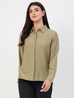 Madame - Olive Nylon Full Sleeves Collar Neck Solid/Plain Shirt