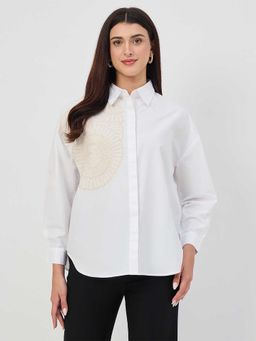Madame - White Cotton Full Sleeves Collar Neck Embroidered Shirt