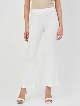 Madame - White Polyester Flared Fit Mid Waist Trouser