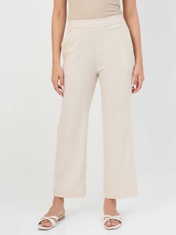 Madame - Beige Polyester Straight Fit Mid Waist Trouser