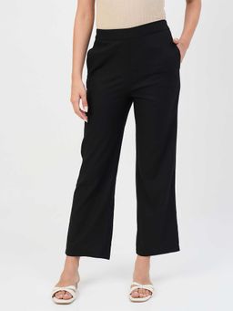 Madame - Black Polyester Straight Fit Mid Waist Trouser