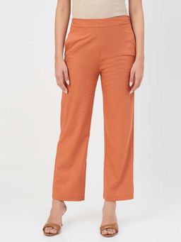 Madame - Rust Polyester Straight Fit Mid Waist Trouser
