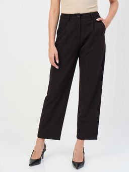 Madame - Black Polyester Straight Fit Mid Waist Trouser