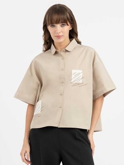 Red Tape - Olive Cotton Half Sleeves Collar Neck Embroidered Shirt