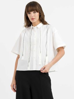 Red Tape - White Cotton Half Sleeves Collar Neck Embroidered Shirt