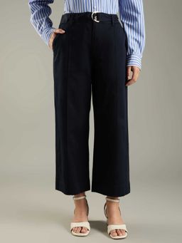 Tommy Hilfiger - Navy Blue Cotton Regular Fit Wide Leg Solid/Plain Trouser
