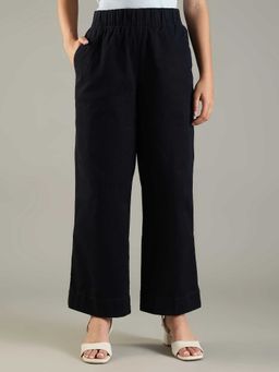 Tommy Hilfiger - Black Cotton Wide Fit Wide Leg Solid/Plain Trouser