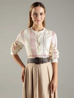 Tommy Hilfiger - Cream Viscose Full Sleeves Mandarin Neck Checks Shirt
