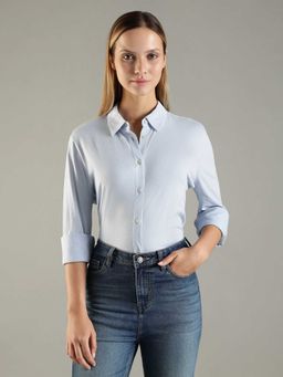 Tommy Hilfiger - Blue Cotton Full Sleeves Collar Neck Solid/Plain Shirt