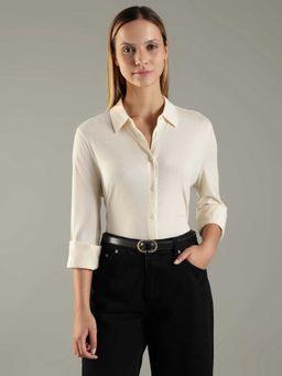 Tommy Hilfiger - Cream Cotton Full Sleeves Collar Neck Solid/Plain Shirt