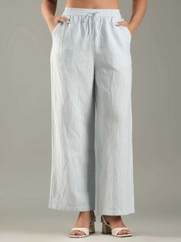 Tommy Hilfiger - Blue Linen Relaxed Fit Wide Leg Stripes Trouser