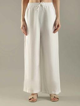 Tommy Hilfiger - Off White Linen Relaxed Fit Wide Leg Solid/Plain Trouser