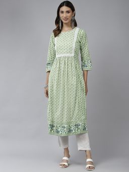 Rain & Rainbow - Women Green Floral Printed A-line Kurta