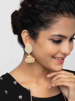 Indya - Gold Beaded Textured Kundan Studded Jhumka Earrings