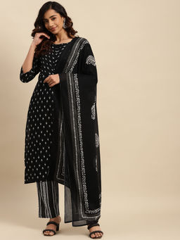 Vastramyaa - Womens Black & White Yoke Pintuck Design Kurta with Pant and Dupatta (Set of 3)