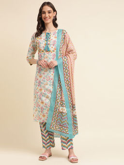 Vastramyaa - Womens Beige & Blue Floral Printed Kurta with Pant and Dupatta (Set of 3)