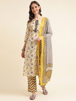 Vastramyaa - Womens Beige & Yellow Floral Printed Kurta with Pant and Dupatta (Set of 3)