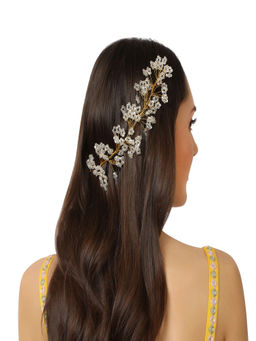 Accessher - Gold Plated Beaded Western White Floral Hair Accessories Tiara Comb Indo With Pearls